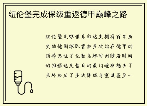 纽伦堡完成保级重返德甲巅峰之路